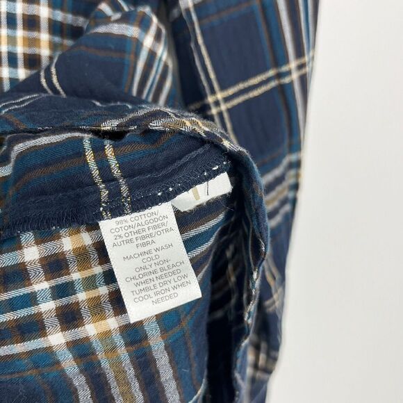 Loft Softened Top Size Large Women Navy Brown Plaid Long Sleeve Popover Shirt - Picture 6 of 7